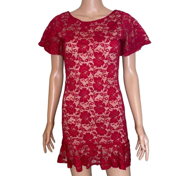 Solemio red lace over nude overlay mini form fitting cocktail dress NWOT SZ M - Picture 3 of 10